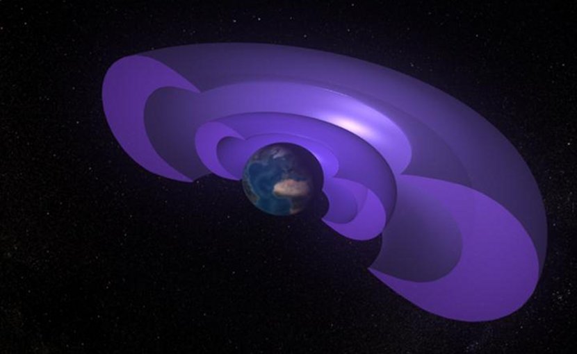 This is an artist's rendering of the Van Allen radiation belts surrounding Earth. The purple, concentric shells represent the inner and outer belts. They completely encircle Earth, but have been cut away in this image to show detail. Credit NASA's Conceptual Image Lab/Walt Feimer