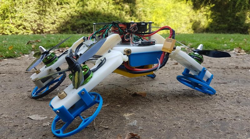 The first experimental robot drone that flies like a typical quadcopter, drives on tough terrain and squeezes into tight spaces using the same motors, has been developed by Ben-Gurion University of the Negev (BGU) researchers. The hybrid FSTAR (flying sprawl-tuned autonomous robot) will be introduced at the International Conference on Robotics and Automation 2019 in Montreal on May 21, 2019. Credit Ben-Gurion U.