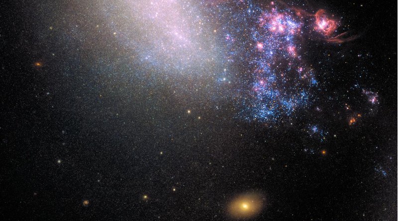 This is an image of irregular galaxy NGC 4485, captured by Hubble's Wide Field Camera 3 (WFC3). Credit NASA, ESA; acknowledgment: T. Roberts (Durham University, UK), D. Calzetti (University of Massachusetts) and the LEGUS Team, R. Tully (University of Hawaii) and R. Chandar (University of Toledo)