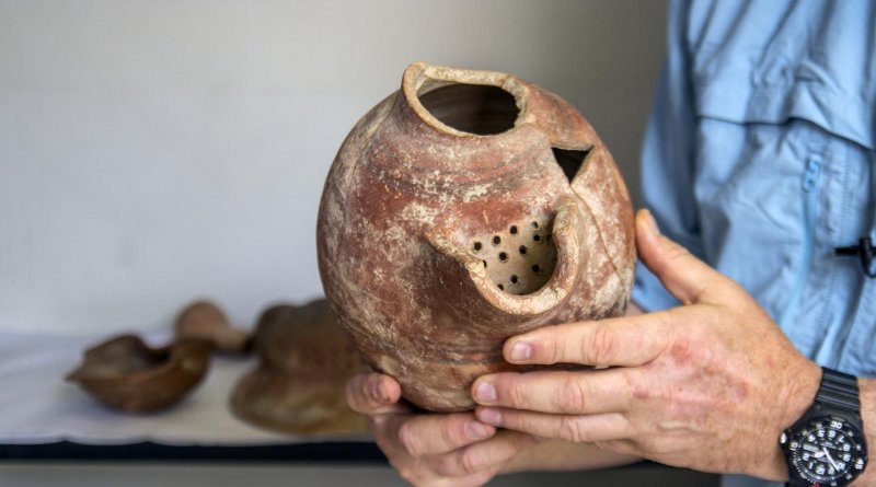 Beer cruse from Tel Tzafit/Gath archaeological digs, from which Philistine beer was produced. Credit Yaniv Berman/Israel Antiquities Authority.