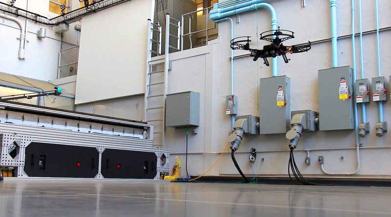The Neural Lander system is tested in the Aerodrome, a three-story drone arena at Caltech's Center for Autonomous Systems and Technologies. Credit Caltech