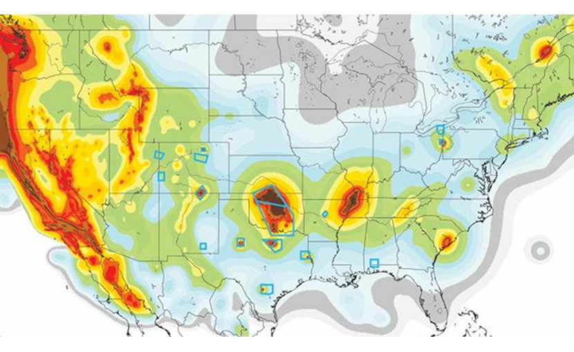 USGS map highlights earthquake risk zones. Blue boxes indicate areas of high activity of human-caused earthquake due to deep bore fluid injection. Credit USGS