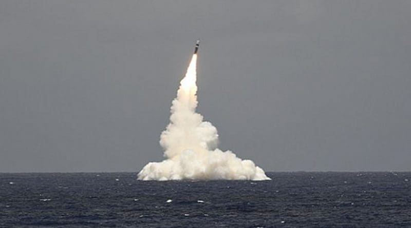 An unarmed Trident II D5 missile launches from the Ohio-class ballistic missile submarine USS Rhode Island (SSBN 740) off the coast of Cape Canaveral, Florida, May 9, 2019. Kowalski/Released
