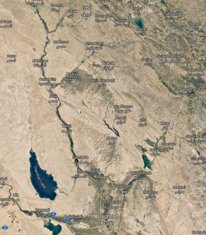 Figure 1. The Hamrin mountain range in Iraq extends across Diyala, Kirkuk, and Salah al-Din provinces and lies between Baghdad to the south and Erbil to the north. Image: Google Maps.