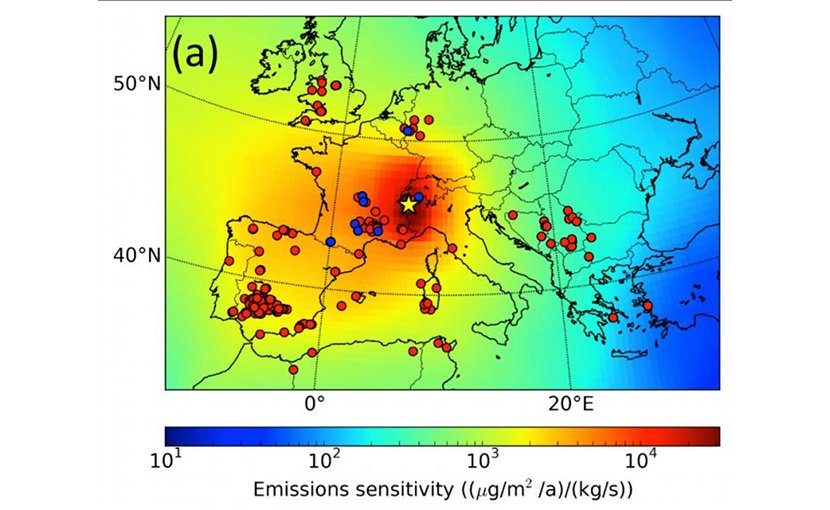 Simulations to assess the sensitivity of lead deposits in the Col du Dôme (yellow) to the geographical location of the emission. This map also indicates the location of major mines known to have existed in Roman antiquity. In the approximately 500-km region around the Alps, in blue, mines believed to have been active in the Republican period, and in red, those active later. Outside this radius, all other mines are indicated in red (all eras combined). Alpine ice is therefore representative of the high altitude atmosphere which receives emissions from France, Spain, Italy, islands in the Mediterranean Basin, and, to a lesser degree, Germany and England. Credit Preunkert et al./CNRS Photo library