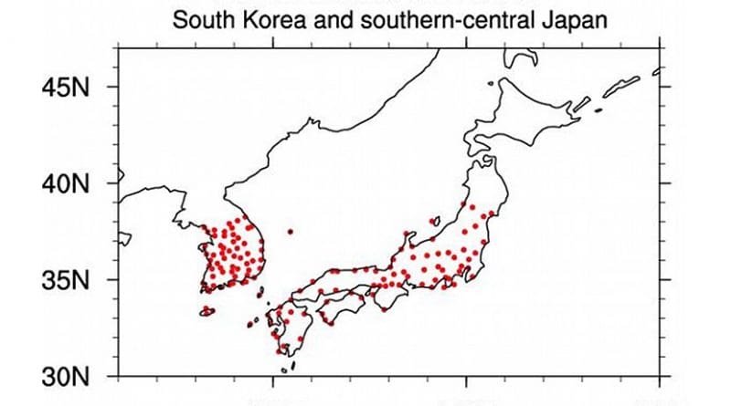 Concurrent extreme heat over South Korea and southern-central Japan. Credit Ruidan Chen