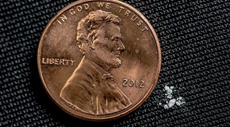 2 milligrams of fentanyl, a lethal dose for most people. Photo Credit: United States Drug Enforcement Administration, Wikipedia Commons.