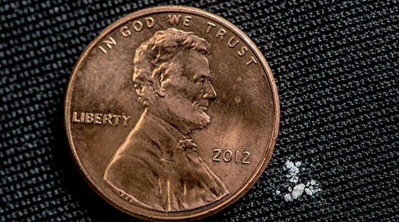 2 milligrams of fentanyl, a lethal dose for most people. Photo Credit: United States Drug Enforcement Administration, Wikipedia Commons.