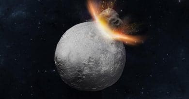 This is an artist's concept of a massive 'hit-and-run' collision hitting Asteroid Vesta. Credit Mikiko Haba