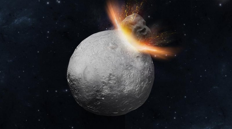This is an artist's concept of a massive 'hit-and-run' collision hitting Asteroid Vesta. Credit Mikiko Haba