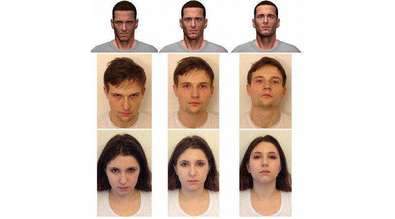 Stimuli used in Study 1 (top row) and Study 2 (middle and bottom rows). From left to right, the poses illustrate downward head tilts, neutral head angles, and upward head tilts. In all images, targets posed with neutral facial expressions (i.e., no facial-muscle movement). Credit Psychological Science