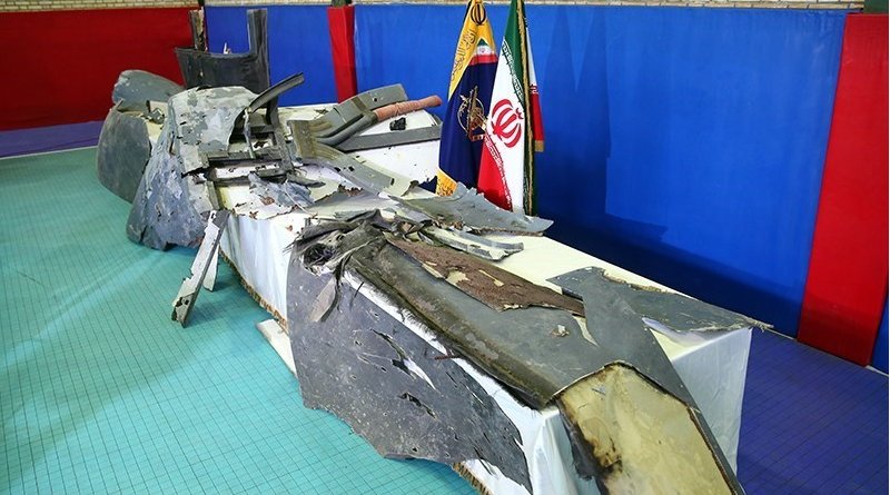 Iran puts wreckage of the downed US drone on display. Photo Credit: Tasnim News Agency