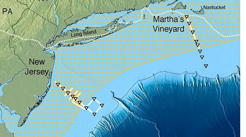 Scientists have mapped a huge aquifer off the US Northeast (hatched area). Solid yellow or white lines with triangles show ship tracks. Dotted white line near shore shows edge of the glacial ice sheet that melted about 15,000 years ago. Further out, dark blue, the continental shelf drops off into the Atlantic abyss. Credit Gustafson et al., Scientific Reports, 2019