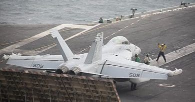 An E/A-18 Growler from the "Patriots" of Electronic Attack Squadron (VAQ) 140 readies to launch from the flight deck of the Nimitz-class aircraft carrier USS Abraham Lincoln (CVN 72), June 16, 2019, in the Arabian Sea. The Abraham Lincoln Carrier Strike Group is deployed to the U.S. 5th Fleet area of operations in support of naval operations to ensure maritime stability and security in the Central Region, connecting the Mediterranean and the Pacific through the western Indian Ocean and three strategic choke points. With Abraham Lincoln as the flagship, deployed strike group assets include staffs, ships and aircraft of Carrier Strike Group (CSG) 12, Destroyer Squadron (DESRON) 2, the guided-missile cruiser USS Leyte Gulf (CG 55) and Carrier Air Wing (CVW) 7. (U.S. Navy photo by Mass Communication Specialist Seaman Apprentice Stephanie Contreras/Released)