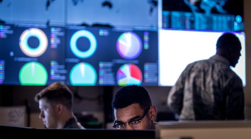 Cyber warfare operators assigned to 275th Cyber Operations Squadron of 175th Cyberspace Operations Group, Maryland Air National Guard, configure threat intelligence feed for daily watch in Hunter’s Den at Warfield Air National Guard Base, Middle River, Maryland, December 2, 2017 (U.S. Air Force/J.M. Eddins, Jr.)