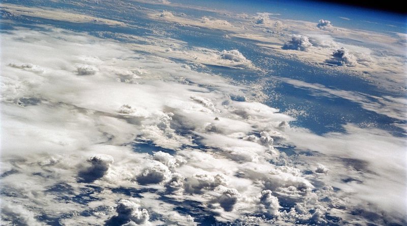 Clouds from deep convection over the tropical Pacific ocean, photographed by the space shuttle. Such convective activity drives the Hadley circulation of the atmosphere.