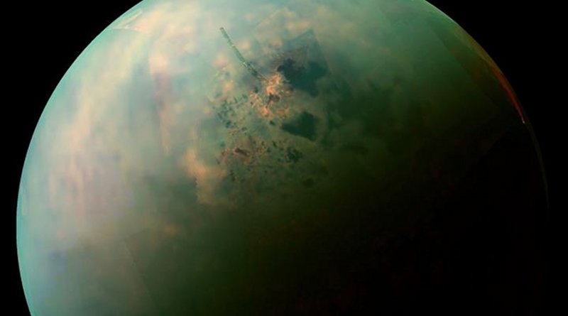 A false-color, near infrared view of Titan's northern hemisphere collected by NASA's Cassini spacecraft shows the moon's seas and lakes. Orange areas near some of them may be deposits of organic evaporite minerals left behind by receding liquid hydrocarbon. Credit NASA / JPL-Caltech / Space Science Institute