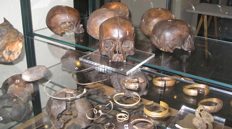 Archaeological findings of Levänluhta in the Finnish National Museum's exhibition. In the front arm rings and necklaces found from the burial site, made out of copper alloy. Credit Elisabeth Holmqvist-Sipilä