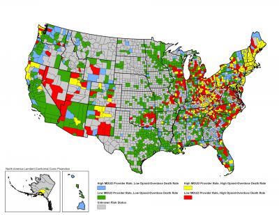 Map shows counties with opioid high-risk, which includes low rate of medication for treatment of opioid use disorder providers and high rates of opioid overdose death (red). Credit: Rebecca L. Haffajee, JD, PhD, MPH; Lewei Allison Lin, MD, MS; Amy S. B. Bohnert, PhD, MHS; Jason E. Goldstick, PhD 