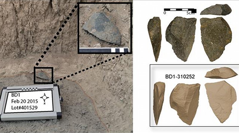 A large green artifact found in situ at the Bokol Dora site. Right: Image of the same artifact and a three dimensional model of the same artifact. Credit David R. Braun