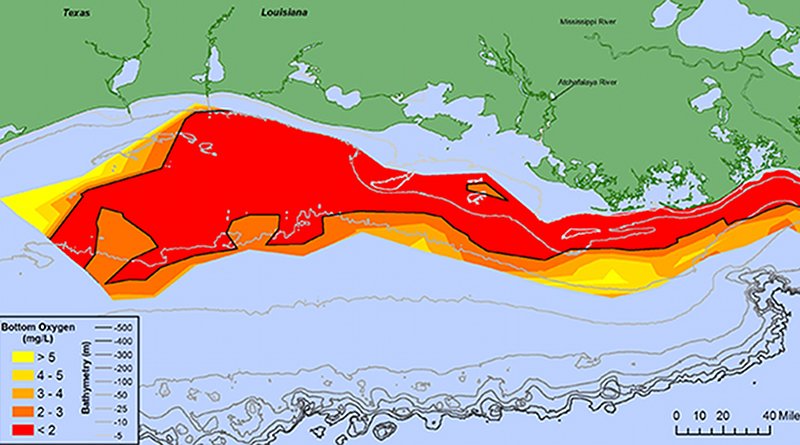 Gulf of Mexico dead zone in July 2017 at 8,776 square miles. Courtesy of N. Rabalais, LSU/LUMCON, NOAA