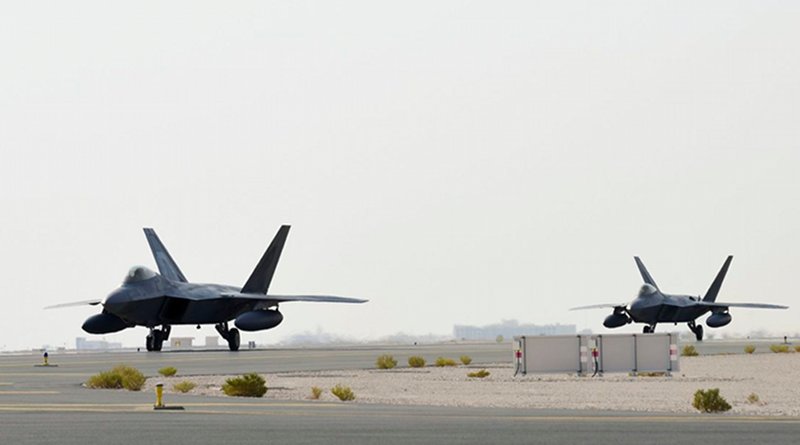 A US Air Force Air Force F-22 Raptor arrives at Al Udeid Air Base, Qatar, June 27, 2019. The aircraft are deployed to Qatar for the first time in order to defend American forces and interests in the US Central Command area of responsibility. Image: US Air Force/Tech. Sgt. Nichelle Anderson