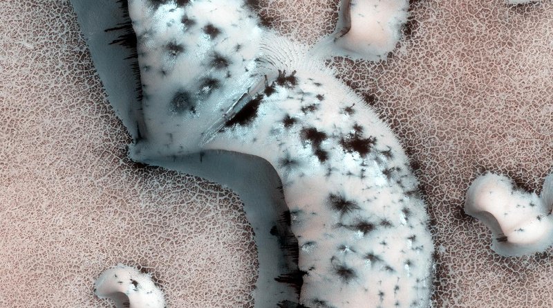 Polar ice caps on Mars are a combination of water ice and frozen CO2. Like its gaseous form, frozen CO2 allows sunlight to penetrate while trapping heat. In the summer, this solid-state greenhouse effect creates pockets of warming under the ice, seen here as black dots in the ice. Credit Harvard SEAS