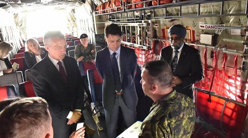 NATO Secretary General Jens Stoltenberg, the Prime Minister of Canada Justin Trudeau and Minister of National Defense of Canada Harjit Singh Sajjan. Photo Credit: NATO.