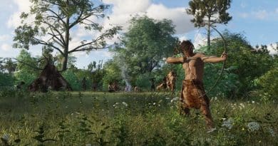 Stone Tool Changes May Show How Mesolithic Hunter-Gatherers Responded To Changing Climate Reconstruction of a Mesolithic camp-site with a hunter in the front ready to fire an arrow mounted with stone microliths. Credit Ulco Glimmerveen