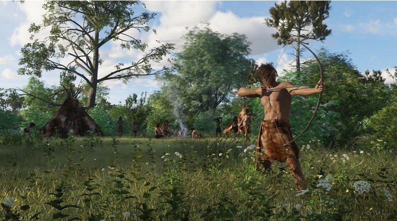 Reconstruction of a Mesolithic camp-site with a hunter in the front ready to fire an arrow mounted with stone microliths. Credit Ulco Glimmerveen