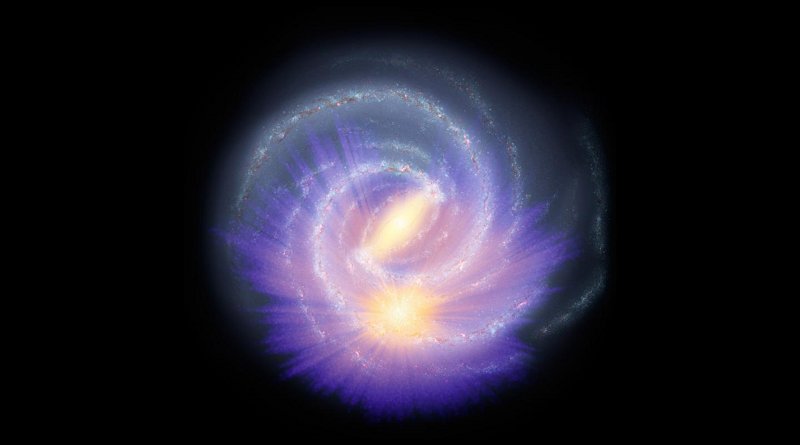 This colour chart, superimposed on an artistic representation of the galaxy, shows the distribution of 150 million stars in the Milky Way probed using data from the second release of ESA's Gaia mission in combination with infrared and optical surveys, with orange/yellow hues indicating greater density of stars. Most of these stars are red giants. While the majority of charted stars are located closer to the Sun (the larger orange/yellow blob in the lower part of the image), a large and elongated feature populated by many stars is also visible in the central region of the galaxy: this is the first geometric indication of the galactic bar. The distances to the stars shown in this chart, along with their surface temperature and extinction - a measure of how much dust there is between us and the stars - were estimated using the StarHorse computer code. Credit Data: ESA/Gaia/DPAC, A. Khalatyan(AIP) & StarHorse team; Galaxy map: NASA/JPL-Caltech/R. Hurt (SSC/Caltech)