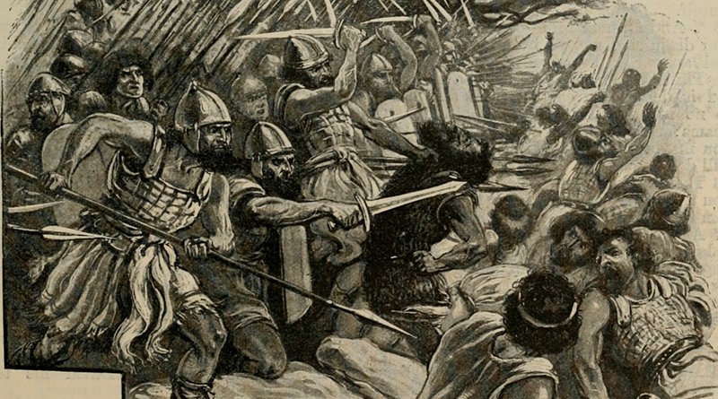 Illustration depicting a Philistine victory over the Israelites. Source: Internet Archive Book Images, Wikimedia Commons