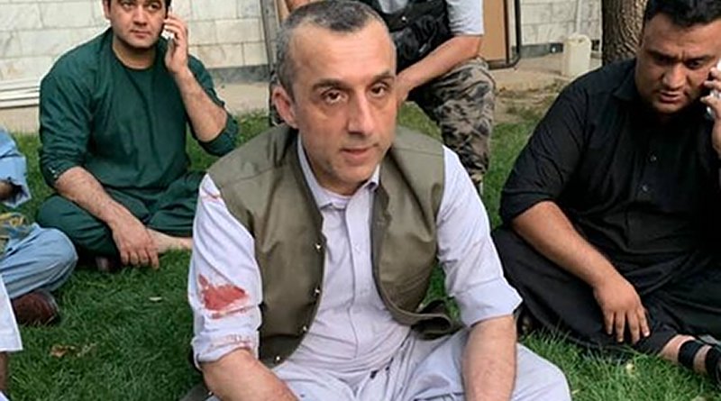 Photograph shared on Twitter by Rahmatullah Nabil, a former Afghan intelligence chief who also is a candidate for the presidency, and Tamim Asey, a former Afghan deputy defense minister, show Saleh sitting in a garden with blood stains on his right arm. Photo Credit: Twitter