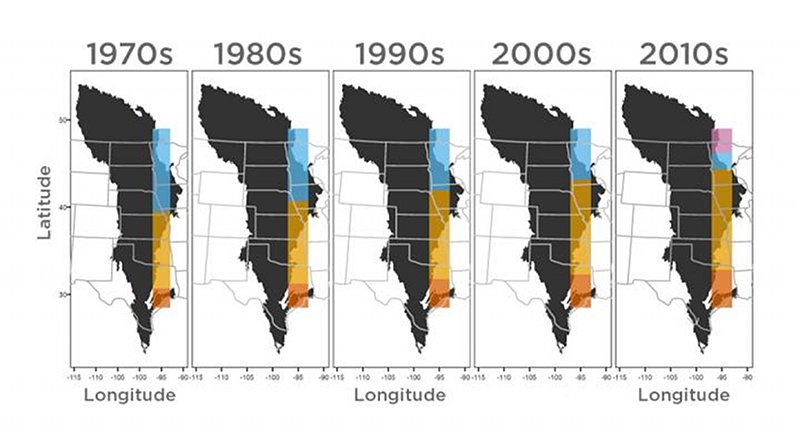 This figure, adapted from Nature Climate Change/Springer Nature, illustrates three ecosystems shifting northward in a swath of the Great Plains from the 1970s to the 2010s. Credit University of Nebraska-Lincoln