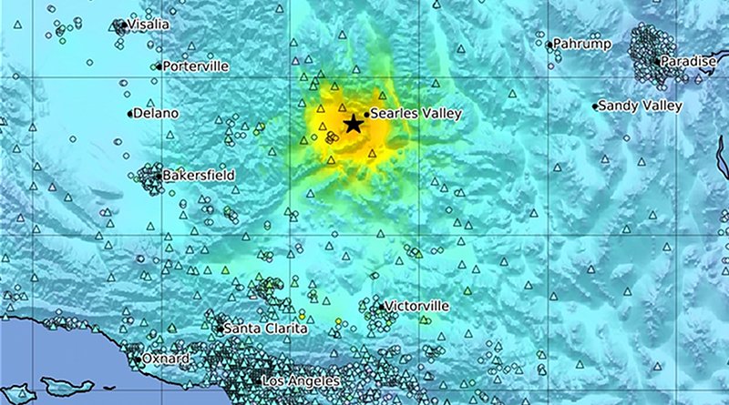 Shakemap from USGS for the magnitude 6.4, maximum intensity 7.471 earthquake with tsunami near 12km Sw of Searles Valley, Ca (12km SW of Searles Valley, CA), 8.7 km depth. Source: United States Geological Survey