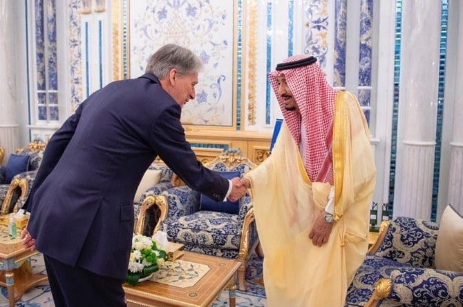 Saudi Arabia’s King Salman, right, meets British chancellor of the exchequer Philip Hammond at Al-Salam Palace in Jeddah. (SPA)