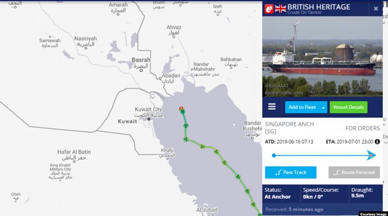 The course of the British Heritage tanker from July 5 to July 8, tracked by Marine Traffic. Source: RFE/RL