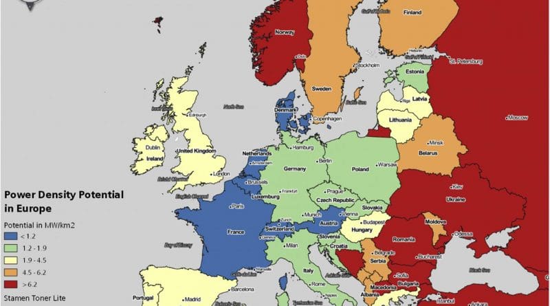 Map showing the power density potential for each European country. CREDIT University of Sussex/Aarhus University