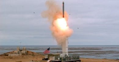 An August 18 photo provided by the U.S. Defense Department shows the launch of a conventionally configured ground-launched cruise missile on San Nicolas Island off the coast of California. Photo CreditL Scott Howe, US Defense Department