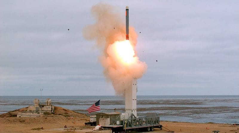 An August 18 photo provided by the U.S. Defense Department shows the launch of a conventionally configured ground-launched cruise missile on San Nicolas Island off the coast of California. Photo CreditL Scott Howe, US Defense Department