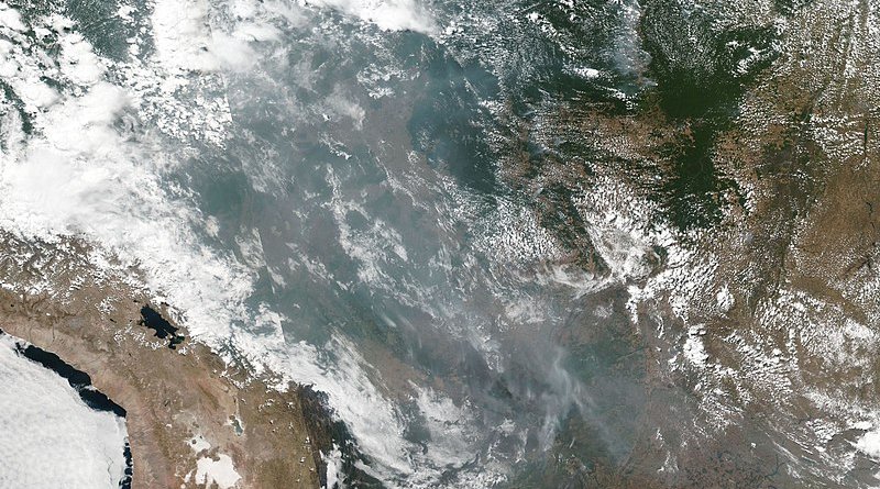 VIIRS scan of the Amazon basin on August 20, 2019, depicting several wildfires and the smoke produced. Photo Credit: NASA