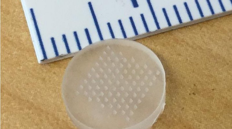 A new microneedle patch delivers medication to melanomas within one minute (ruler is in centimeters). Credit Celestine Hong and Yanpu He