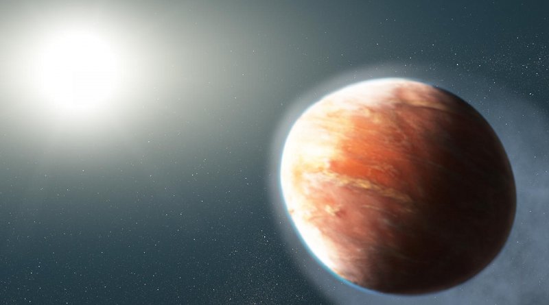 This artist's illustration shows an alien world that is losing magnesium and iron gas from its atmosphere. The observations represent the first time that so-called "heavy metals" -- elements more massive than hydrogen and helium -- have been detected escaping from a hot Jupiter, a large gaseous exoplanet orbiting very close to its star.The planet, known as WASP-121b, orbits a star brighter and hotter than the Sun. The planet is so dangerously close to its star that its upper atmosphere reaches a blazing 4,600 degrees Fahrenheit, about 10 times greater than any known planetary atmosphere. A torrent of ultraviolet light from the host star is heating the planet's upper atmosphere, which is causing the magnesium and iron gas to escape into space. Observations by Hubble's Space Telescope Imaging Spectrograph have detected the spectral signatures of magnesium and iron far away from the planet.The planet's "hugging" distance from the star means that it is on the verge of being ripped apart by the star's gravitational tidal forces. The powerful gravitational forces have altered the planet's shape so that it appears more football shaped.The WASP-121 system is about 900 light-years from Earth. Credit NASA, ESA, and J. Olmsted (STScI)