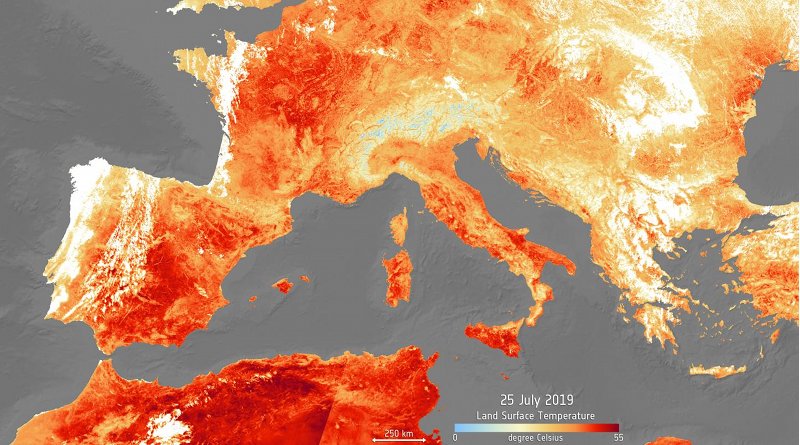 This is a satellite image of the heat energy emitted from Europe during 25 July 2019 shows this summer's highest extremes. Credit Copernicus Sentinel data (2019) ESA - Copernicus Sentinel data (2019)