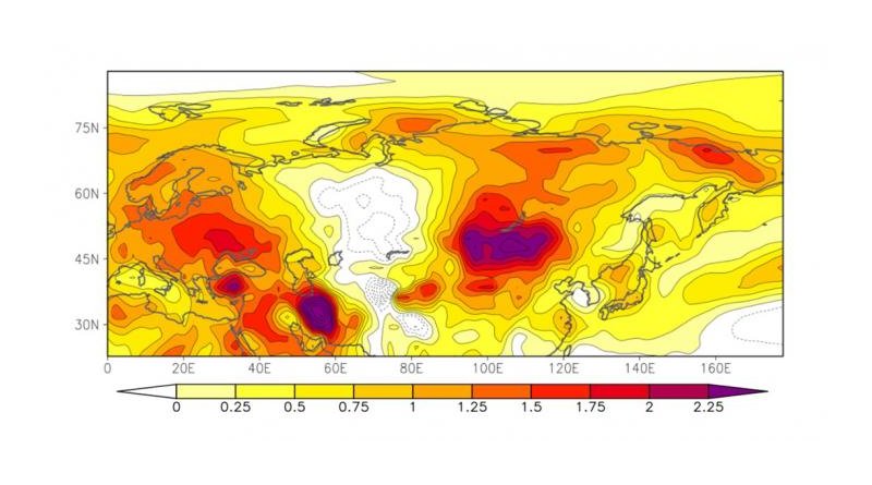 Differences in surface air temperatures (in June-August) between the 1980s and 2000s. The summer temperatures steeply rose in Europe and Northeast Asia, while the margin of the temperature rise in Western Russia is minor, showing a heterogeneous pattern of temperature changes from the east to west. Credit Sato T. and Nakamura T., Scientific Reports, July 26, 2019