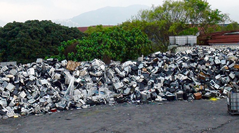 American e-waste exported by so-called "electronics recyclers" dumped in hidden Hong Kong e-waste junkyard discovered by BAN GPS trackers. This trade is criminal traffic and will be illegal under the Ban Amendment which has been ratified by China. Copyright BAN, March 2016.