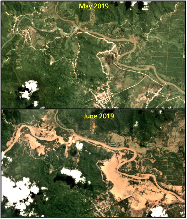 Satellite images of Tapuwatu before and after the floods. Source: Planet Labs, Inc.