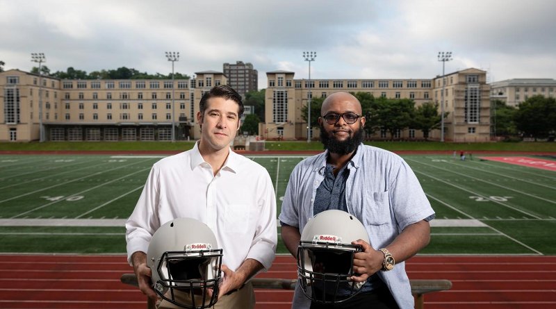 From left to right: Brad Mahon, an associate professor of psychology at Carnegie Mellon University and scientific director of the Program for Translational Brain Mapping at the University of Rochester, and Adnan Hirad, an M.D./Ph.D. candidate at the University of Rochester's Medical Scientist Training Program, led a study of college football players that found typical hits sustained from playing just one season cause structural changes to the brain. Credit Carnegie Mellon University