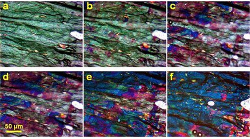 Optical micrographs showing transition of stage-2 GIC to stage-1 HOPG GIC. Reflected light. The stage-2 areas are greenish-white. The stage-1 areas are blue. The red-colored areas are the mixed stage. Note, the greenish tint of graphite surface on panels (a,b) is the artifact of the digital processing; the actual color is almost white. The white shapeless feature on the right of the micrographs is an air bubble. Acquired with the SPI-3 HOPG sample. Credit Kazan Federal University