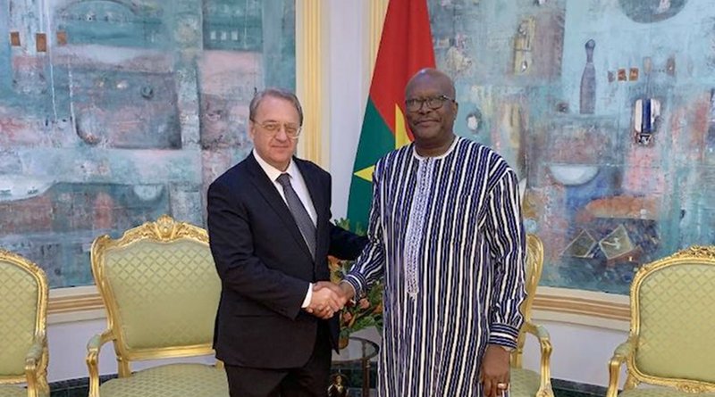 Russia's Deputy Foreign Minister Mikhail Bogdanov with Burkina Faso President Marc Kabore in Ouagadougou in July 2019.